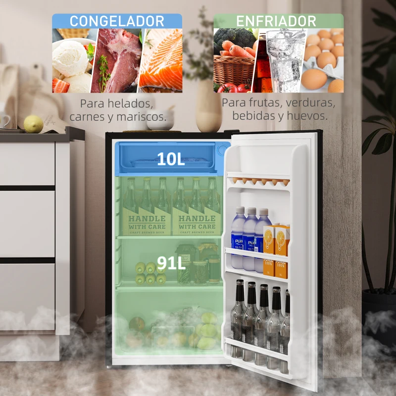 HOMCOM Nevera Pequeña con Congelador 91L Silenciosa Puerta Reversible Temperatura Regulable y Estantes Ajustables Negro