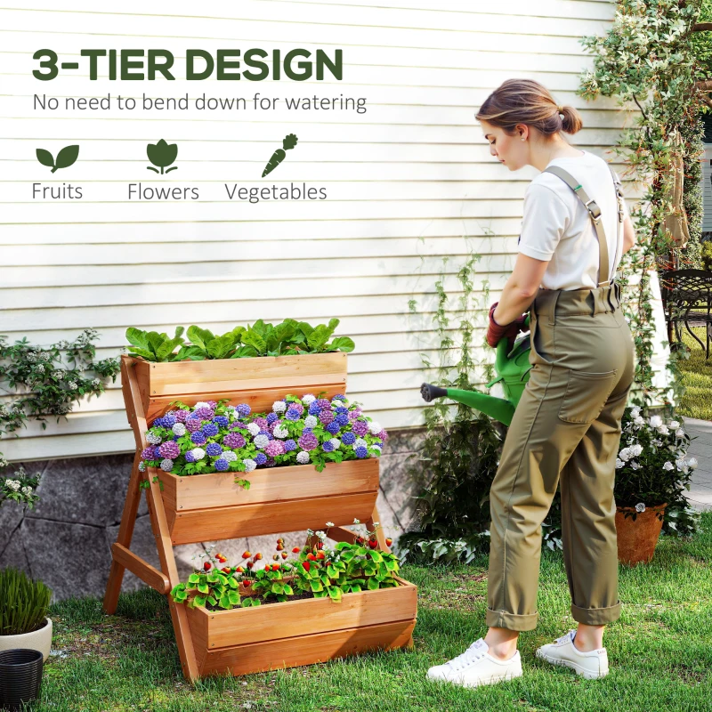 Outsunny 3 Tier Raised Garden Bed Wooden Elevated Planter Box Kit, 66L for Flower, Vegetable, Herb, 65x75x78cm, Brown
