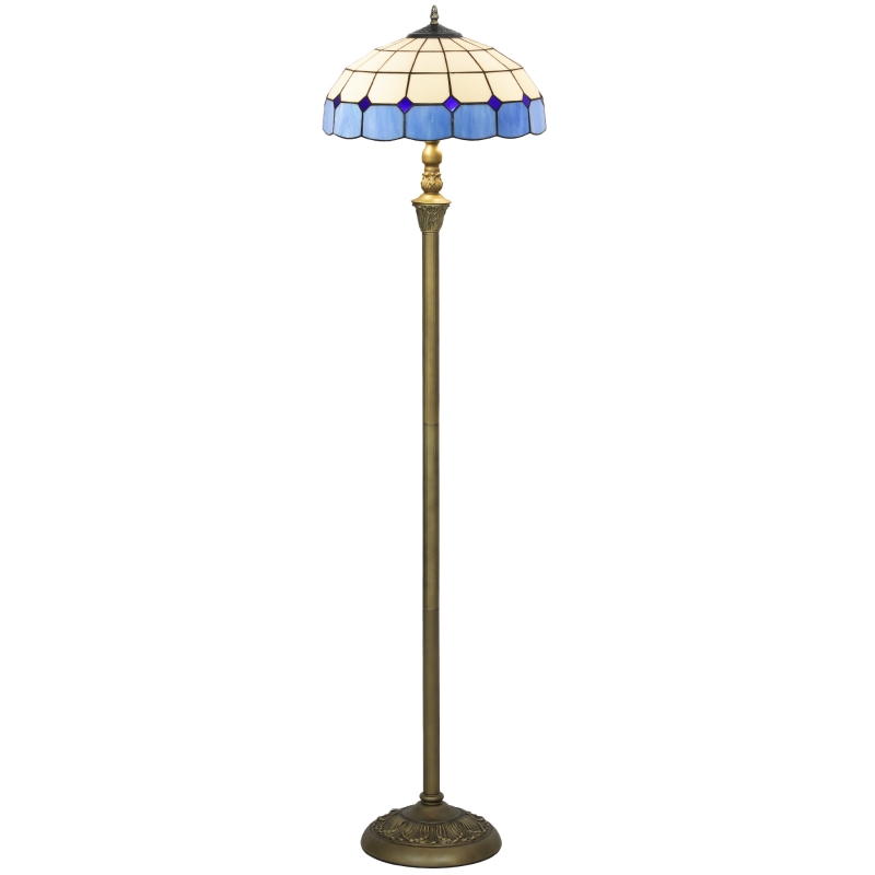 HOMCOM Tiffany-Style Floor Lamp with Handcrafted Stained Glass Shade, 152cm Tall Vintage Standing Lamp with Foot Switch and Dual Sockets for Living Room Bedroom, Bronze Tone and Blue