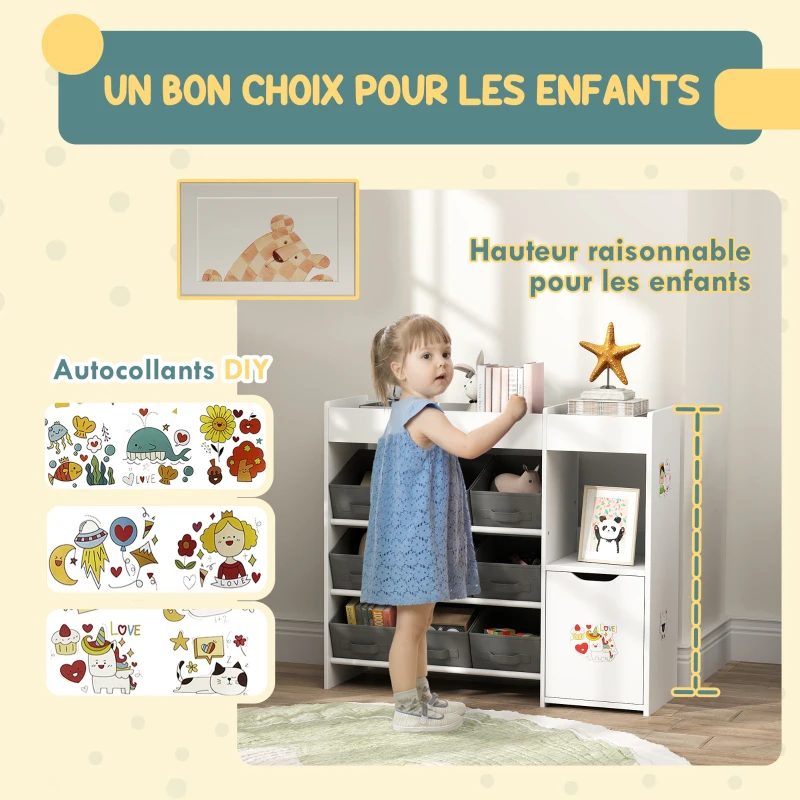 AIYAPLAY Meuble rangement enfant étagère de rangement pour jouets enfants avec 9 tiroirs en tissu et placard, blanc
