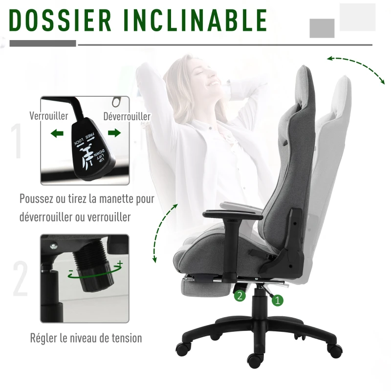 Vinsetto Fauteuil de bureau chaise de bureau manager grand confort repose-pied tétière + coussin lombaires intégrés dossier inclinable accoudoirs réglables lin gris