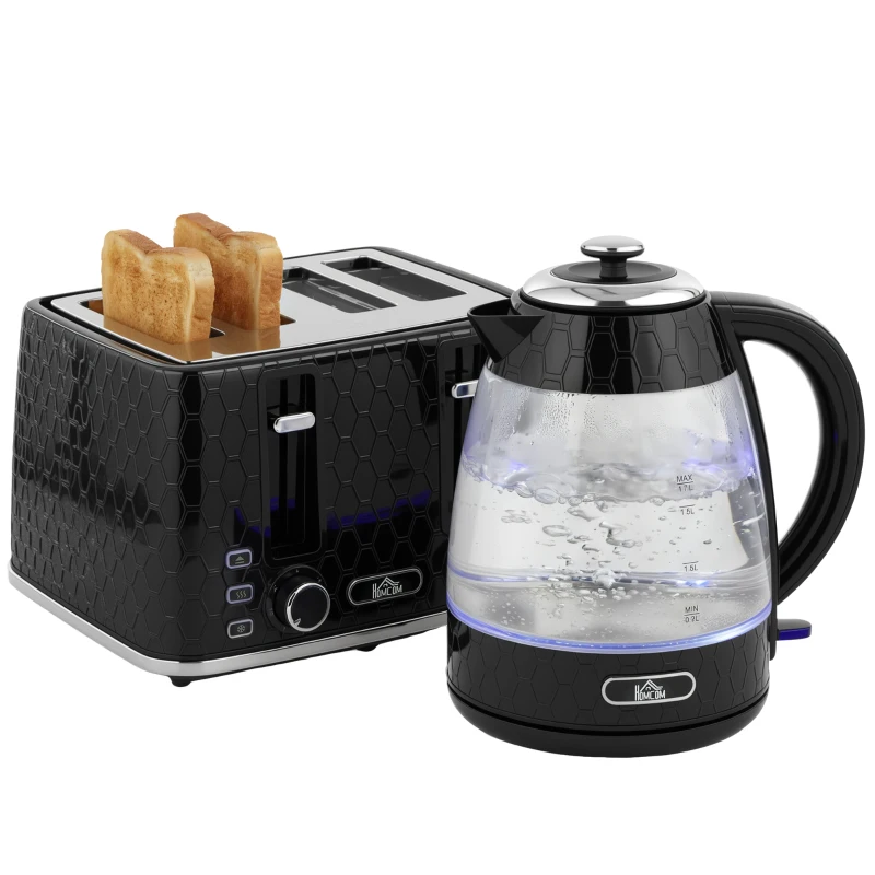 HOMCOM Kettle and Toaster Set, 1.7L 3000W Rapid Kettle with Strix Thermostat, 4 Slice Toaster with 7 Browning Controls, Black