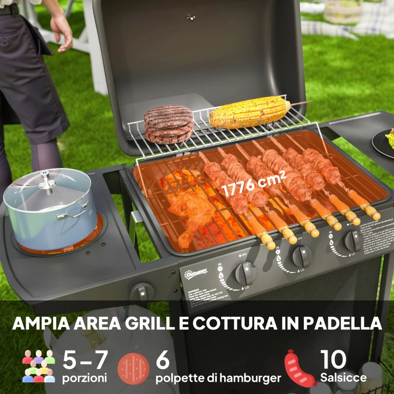 Outsunny Barbecue a Gas con 4 Bruciatori Indipendenti e Coperchio con Termometro, 108x54x97 cm, Nero