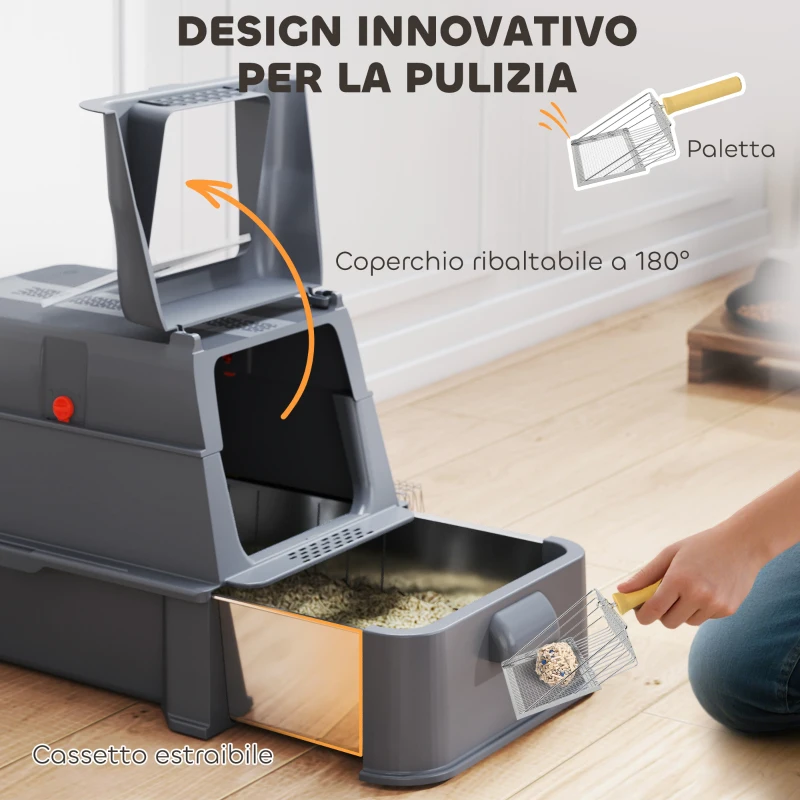 PawHut Lettiera per Gatti Chiusa da 80L con Vassoio Estraibile, in ABS e Acciaio Inox, 63x43x43 cm, Grigio Scuro