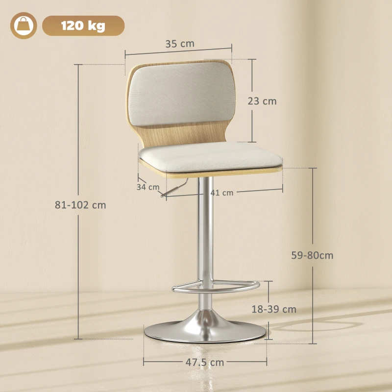 HOMCOM Set de 2 scaune înalte de bucătărie rotative 360° reglabile 81-102 cm tapițate cu in bej