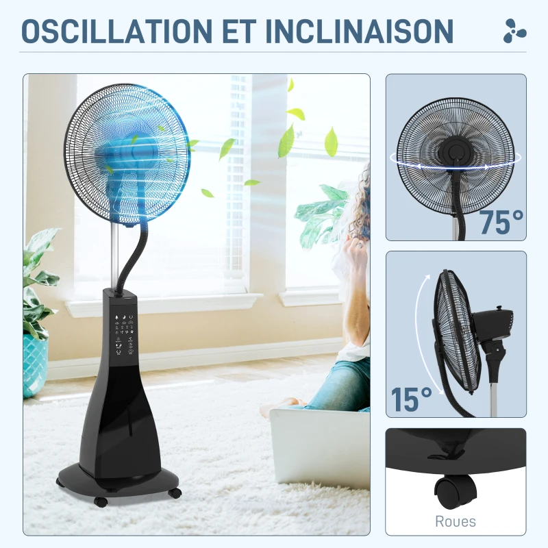HOMCOM Ventilateur sur pied brumisateur 90 W télécommande minuterie 3 modes 3 vitesses oscillant, inclinable - noir