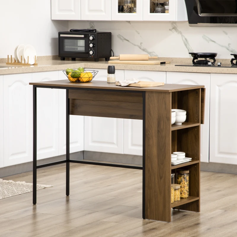 HOMCOM Ilot centra table de bar plateau latéral  rabattable et 3 étagères 120 x 76 x 91,4 cm marron