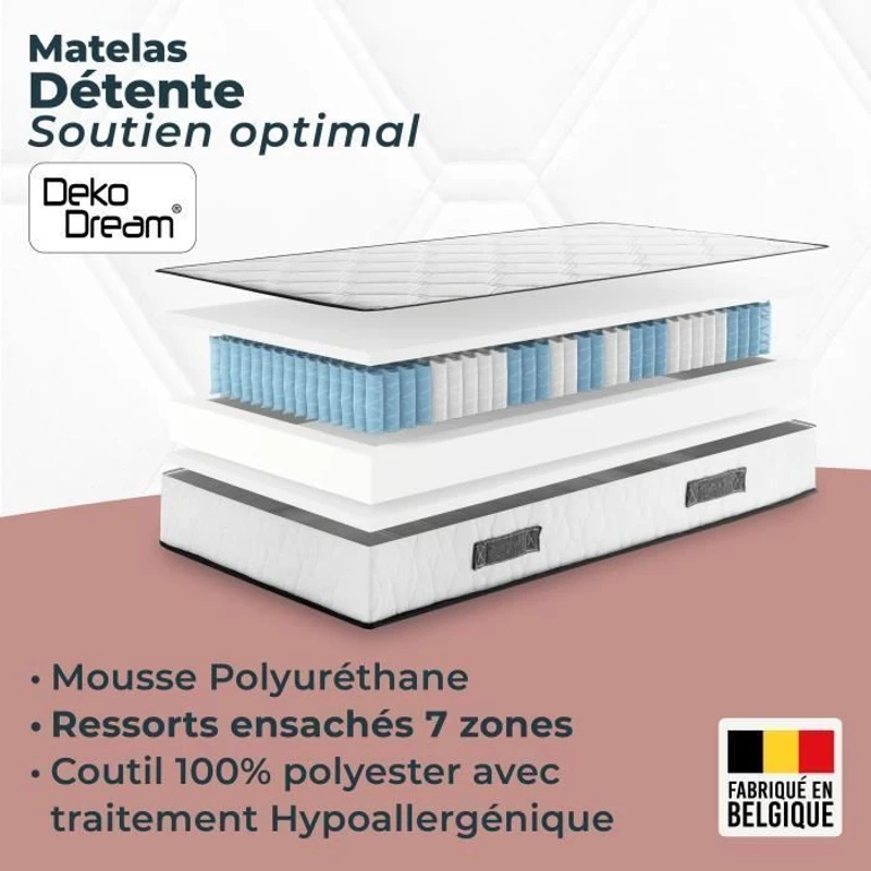 Ensemble matelas sommier 140 x 190 cm Hauteur 24 cm - ressorts ensachés - 7 zones - réversible - fabriqué en Belgique - DEKO DREAM