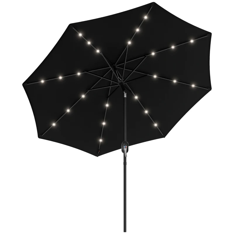 Outsunny 2.7m Outdoor Patio Garden Umbrella Parasol with Tilt Crank and 24 LEDs Lights, Black