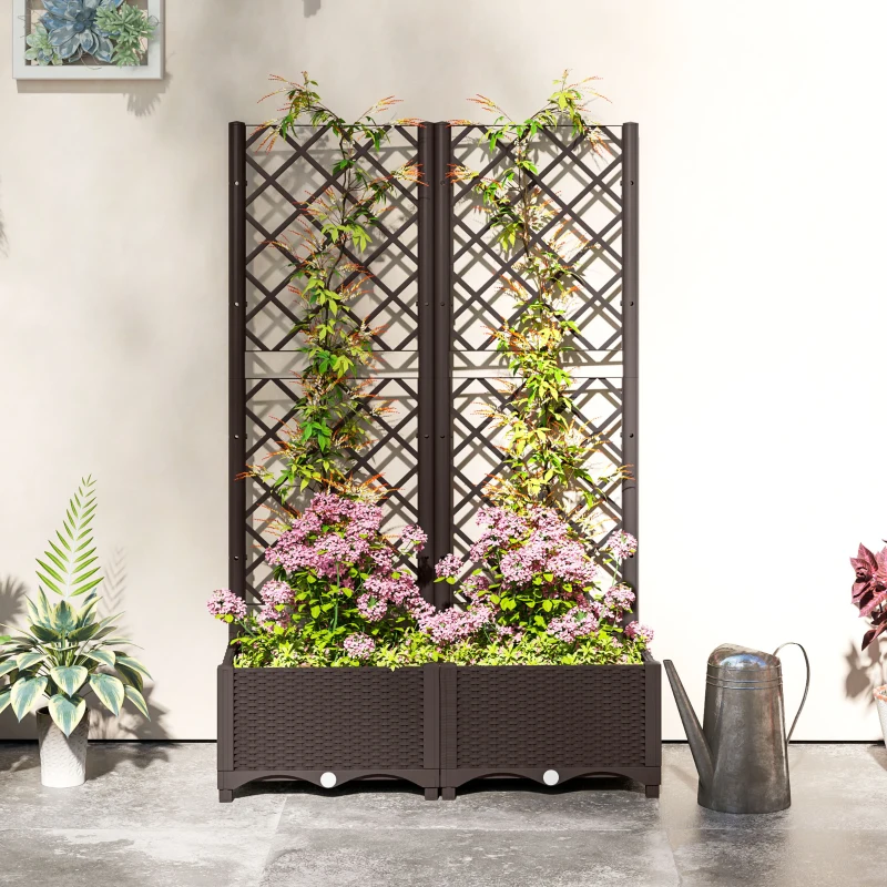 Outsunny Raised Garden Bed with Trellis, Plastic Planter Box with Drainage Holes, Drain Plugs and Water Reservoirs for Climbing Plants, Vegetables, Flowers, Brown