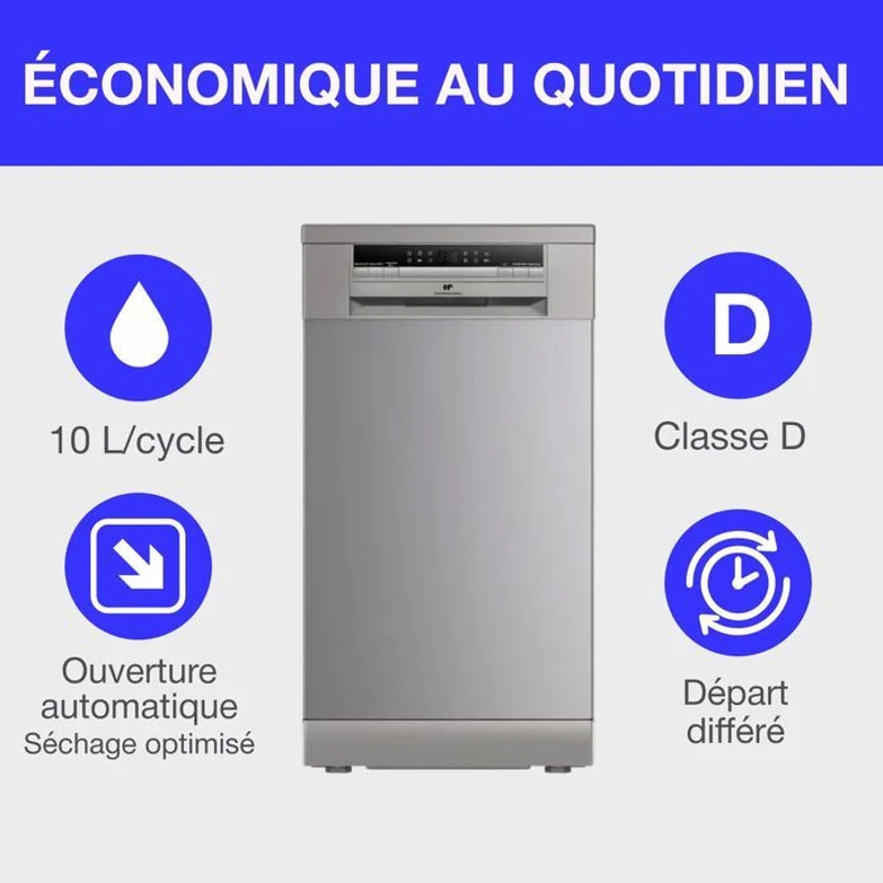 Lave-vaisselle pose libre - CONTINENTAL EDISON - CELV1145S - 11 couverts - 45 cm - 45 dB  - Silver
