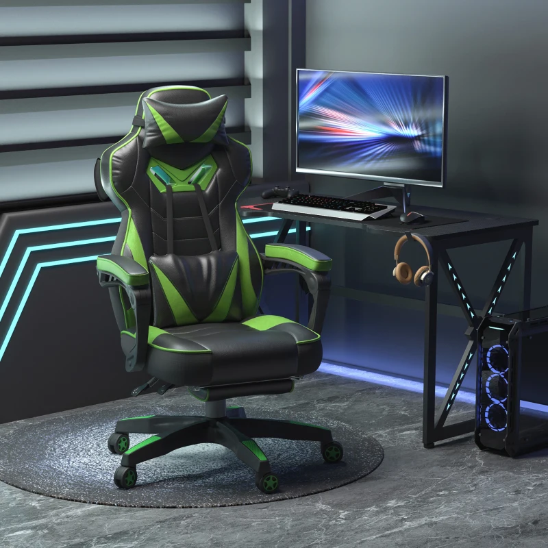 Vinsetto Chaise gaming Ergonomique, Fauteuil de Bureau confortable avec Repose-Pied, Appuie-Tête et coussin lombaire, Hauteur Réglable, noir et vert
