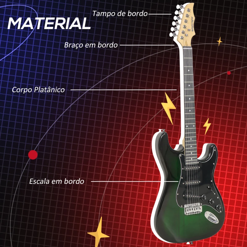 SPORTNOW Kit Guitarra Elétrica de Iniciação com Amplificador 15W Afinador Digital Cordas Correia 3 Palhetas Preto