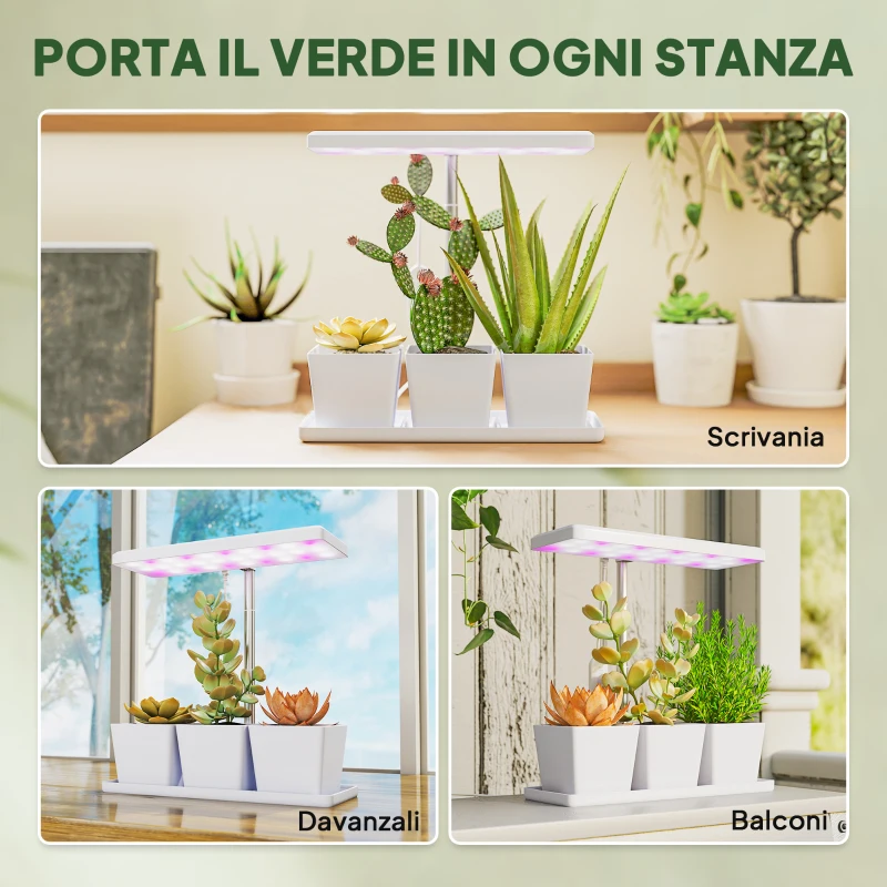 Outsunny Lampade per Pianta da 30 Luci LED con 3 Vasi, Timer e Illuminazione Regolabile, 31.8x13.4x18.6-35.6 cm, Bianco