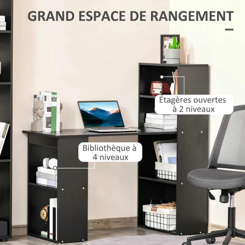 HOMCOM Bureau informatique, bureau avec rangement, 6 compartiments ouverts, table d'ordinateur pour chambre, studio, 120 x 55 x 120 cm, noir