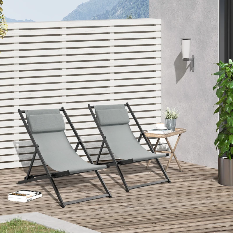 Outsunny Lot de 2 bain de soleil, chaise longue pliante avec appuie-tête en textilène inclinable 60 x 100 x 85 cm gris foncé