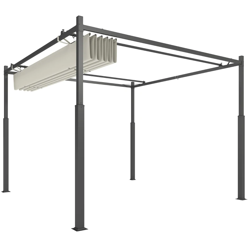 Outsunny 3 x 3(m) Metal Pergola with Retractable Roof and Magnetic Fixture, Outdoor Gazebo Garden Pergola Kit Sun Shade Canopy, UPF30+, 80mm Metal Column, Cream White