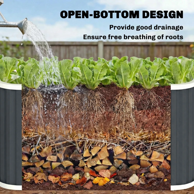 Outsunny Metal Raised Bed 136 x 53 x 61 cm Deep Garden Bed with Safety Edges, Plant Labels, Gloves, Open Bottom