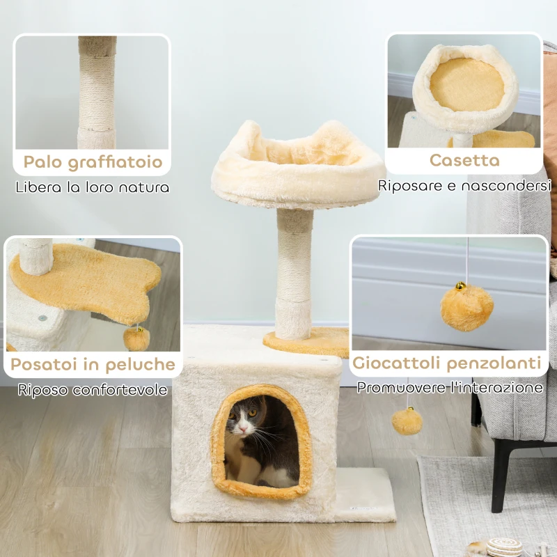 PawHut Albero Tiragraffi per Gatti con Posatoio e Casetta, in Legno, Peluche e Sisal, 40x30x72 cm, Beige e Giallo