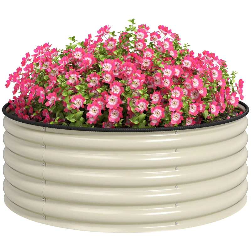 Outsunny Galvanised Raised Garden Bed with Safety Edging, Outdoor Raised Planter Box with Gloves, 120 x 120 x 43cm, Cream White