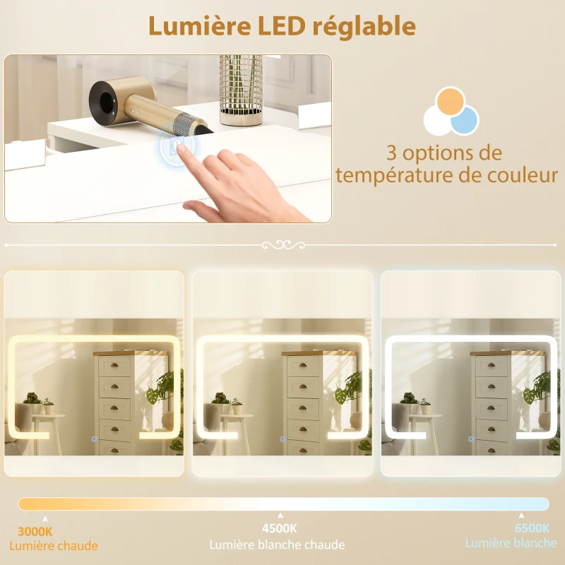 HOMCOM Coiffeuse avec miroir et tabouret, table de maquillage avec éclairage LED réglable, 6 tiroirs, 118 x 78 x 135 cm, blanc