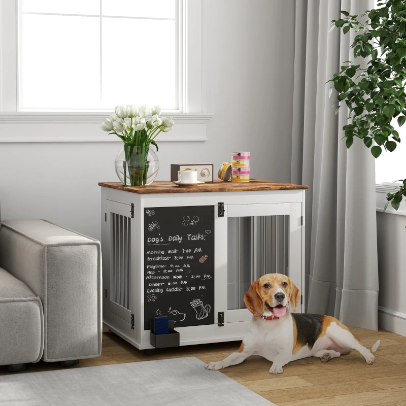 PawHut Cage pour chien cage chien intérieur avec 2 portes tableau noir pour chiens taille moyenne 20 kg 80 x 60 x 70 cm blanc