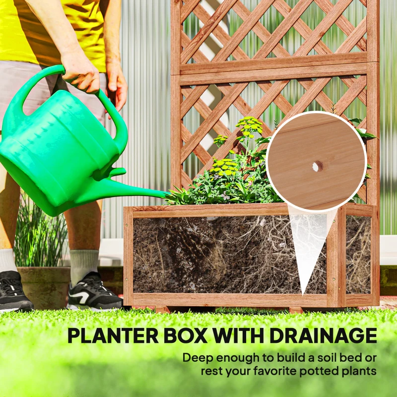 Outsunny 72.5 x 31.5 x 149.5 cm 45L Garden Wooden Pine Trough Planter with Topped Trellis Climbing Plants Flower Raised Bed, Orange