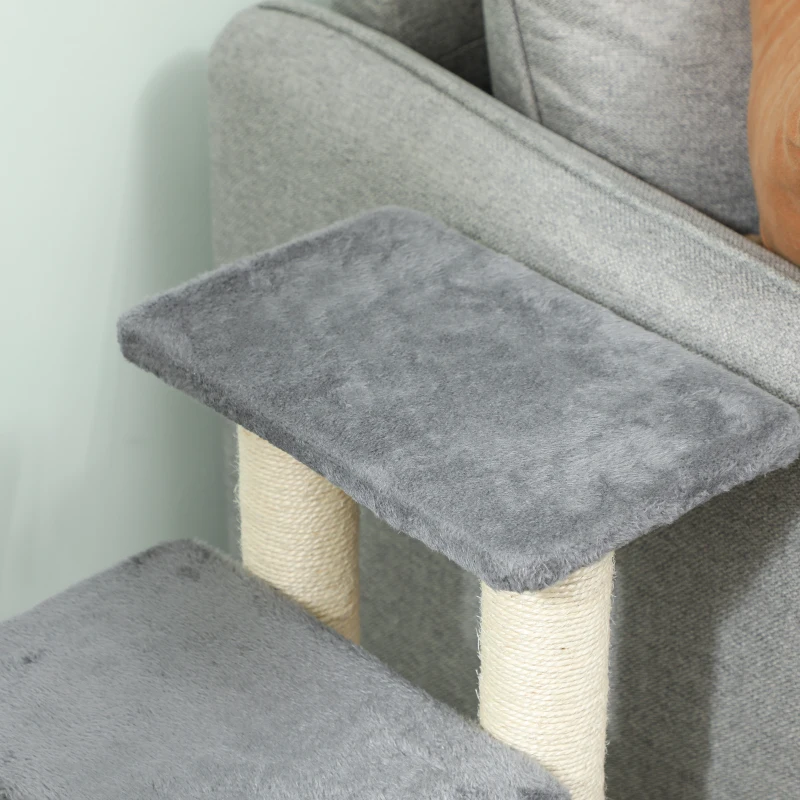 PawHut Escalera para Mascotas Ajustable de 3/4 Peldaños Escalera para Gatos con Postes Rascadores Bola Colgante Gris