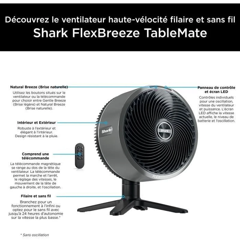 Ventilateur de table - SHARK - FA150EU - Avec ou sans fil - FlexBreeze TableMate