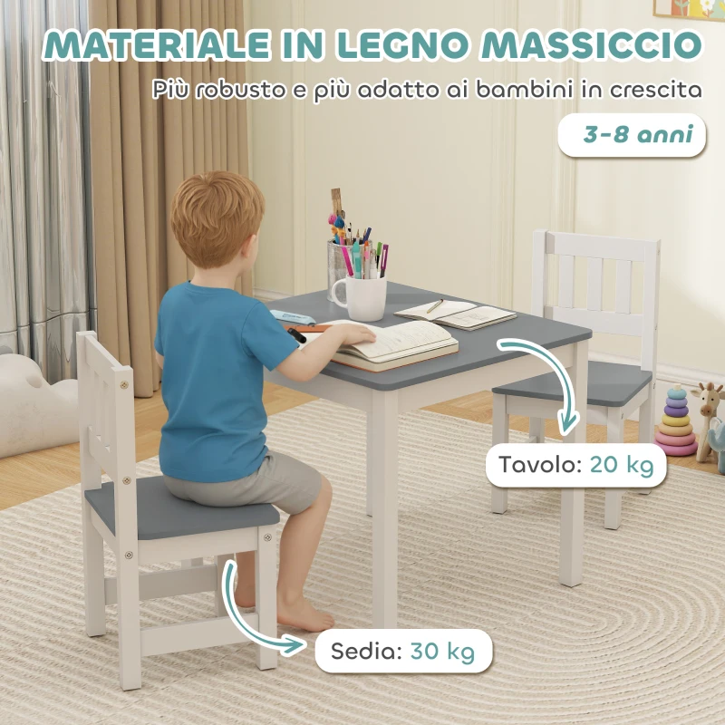 AIYAPLAY Set Tavolo e Sedie per Bambini da 3-8 Anni 3 pz in Legno con Bordi Arrotondati, Grigio e Bianco