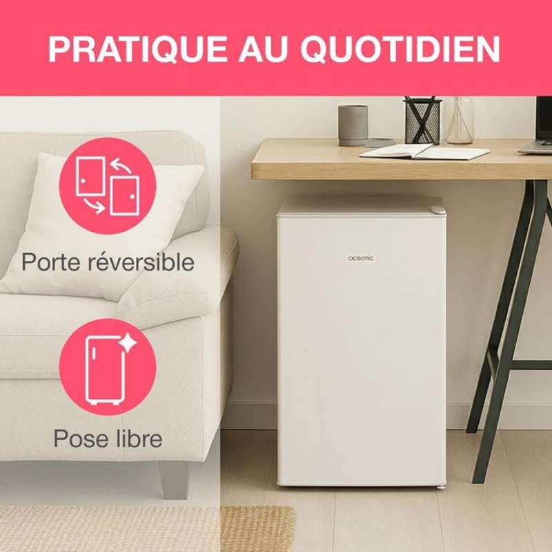 Réfrigérateur table top - OCEANIC - 90L - 37dB - Classe E - L44,5 x P47,5 x H85 cm - Blanc