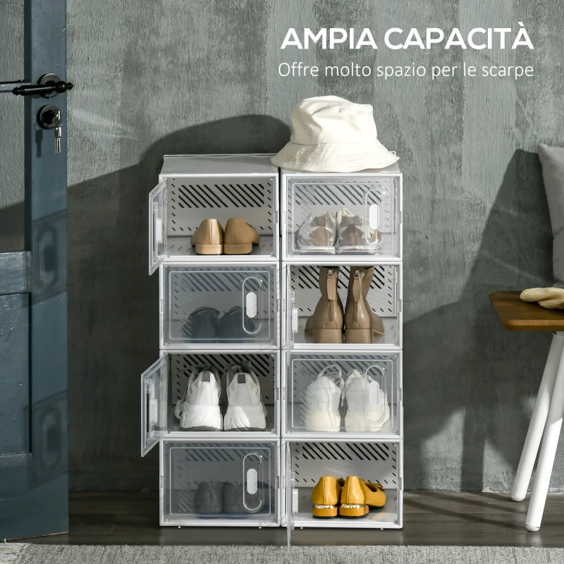 HOMCOM Scarpiera Modulare in PP con 8 Cubi Contenitori e Porta Magnetica, 25x35x19 cm, Bianco e Trasparente