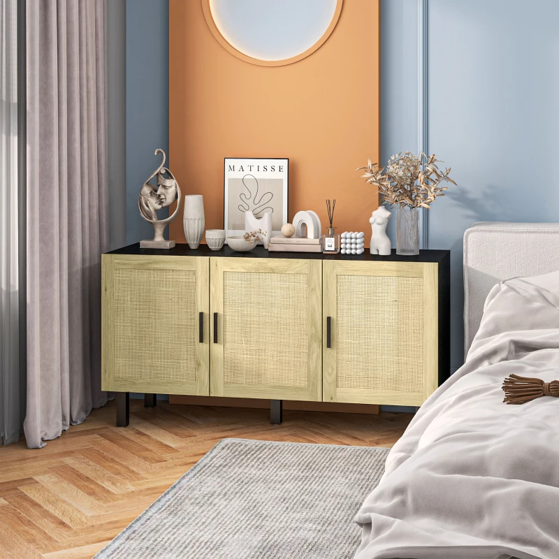 HOMCOM Meuble de rangement avec placards à portes effet cannage, étagères réglables, 136 x 41 x 70 cm, noir et bois naturel