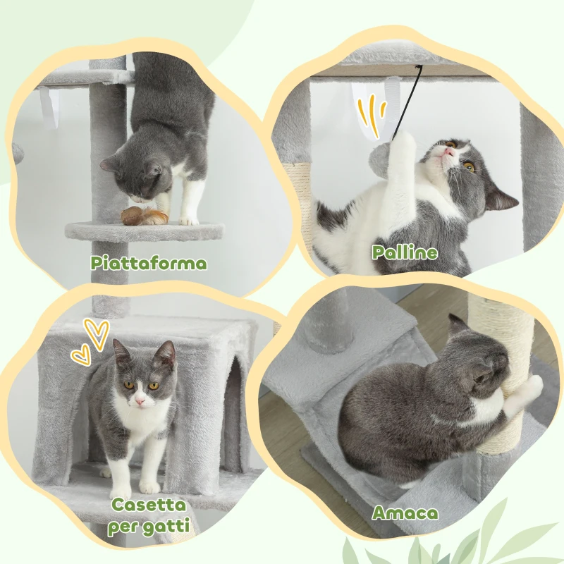 PawHut Albero Tiragraffi a Soffitto con Altezza Regolabile 225-255 cm con Casetta e Amaca, Grigio Chiaro