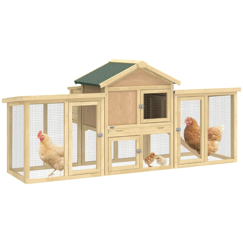 PawHut Chicken Coop Wooden House with Nesting Box, Waterproof Roof, Perch, Run, Ramp, 204x85x93 cm Natural Wood