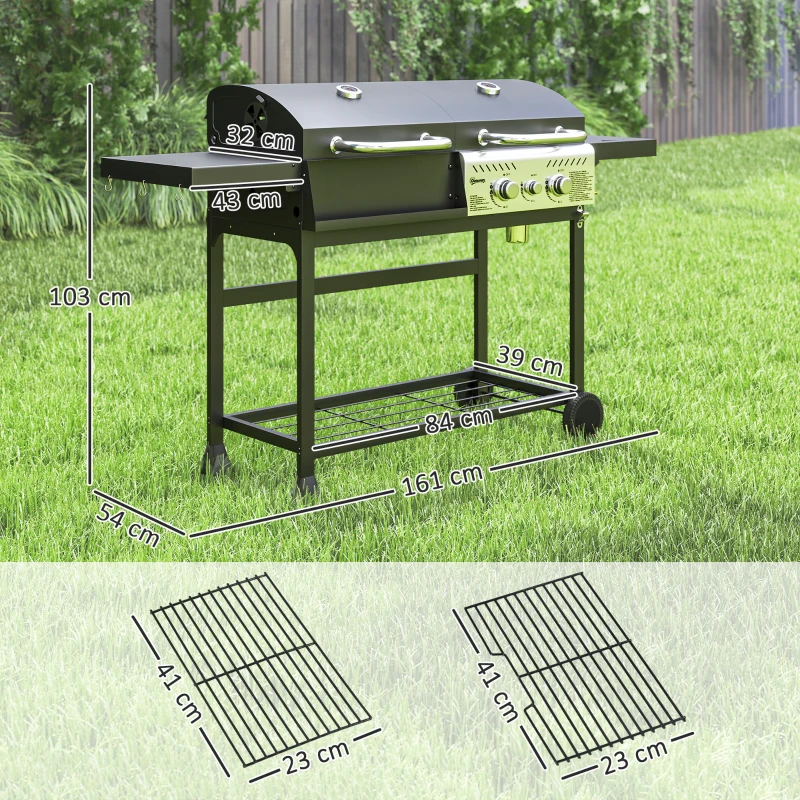 Outsunny Barbecue a Carbone e Gas con 3 Bruciatori e Coperchio, Termometro, Ruote e Ripiani, Nero