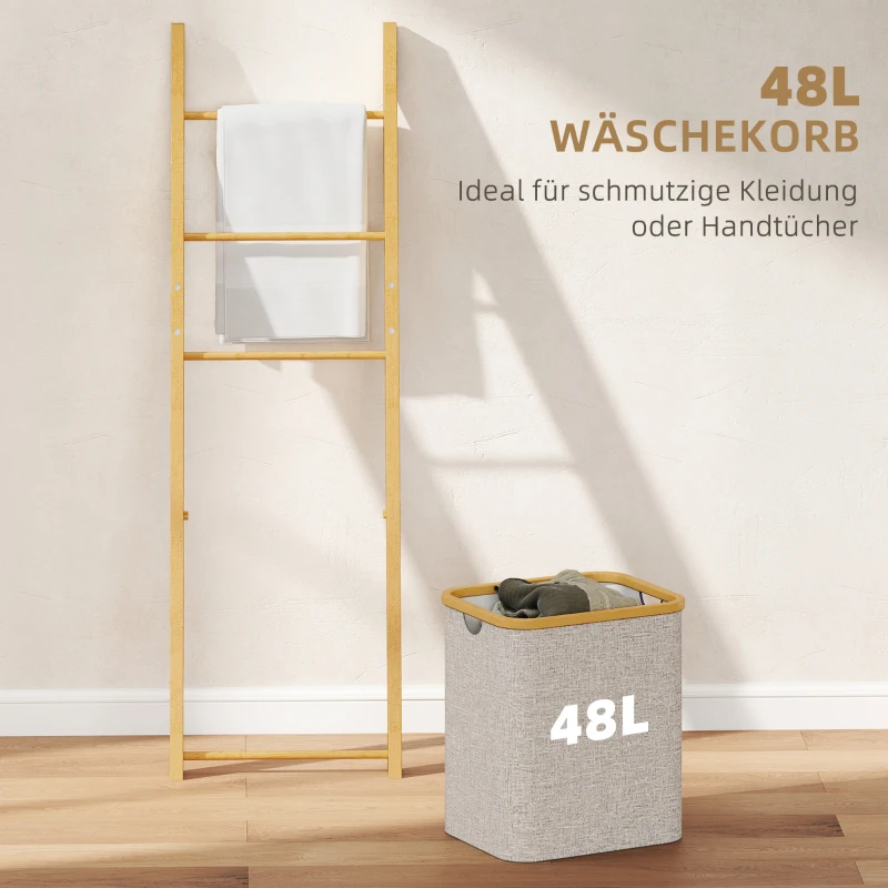 HOMCOM Badregal, 2-in-1 Badezimmerregal mit 3 Stangen, abnehmbarer 48L-Wäschekorb, Bambus, 43 x 35 x 133 cm, Cremeweiß