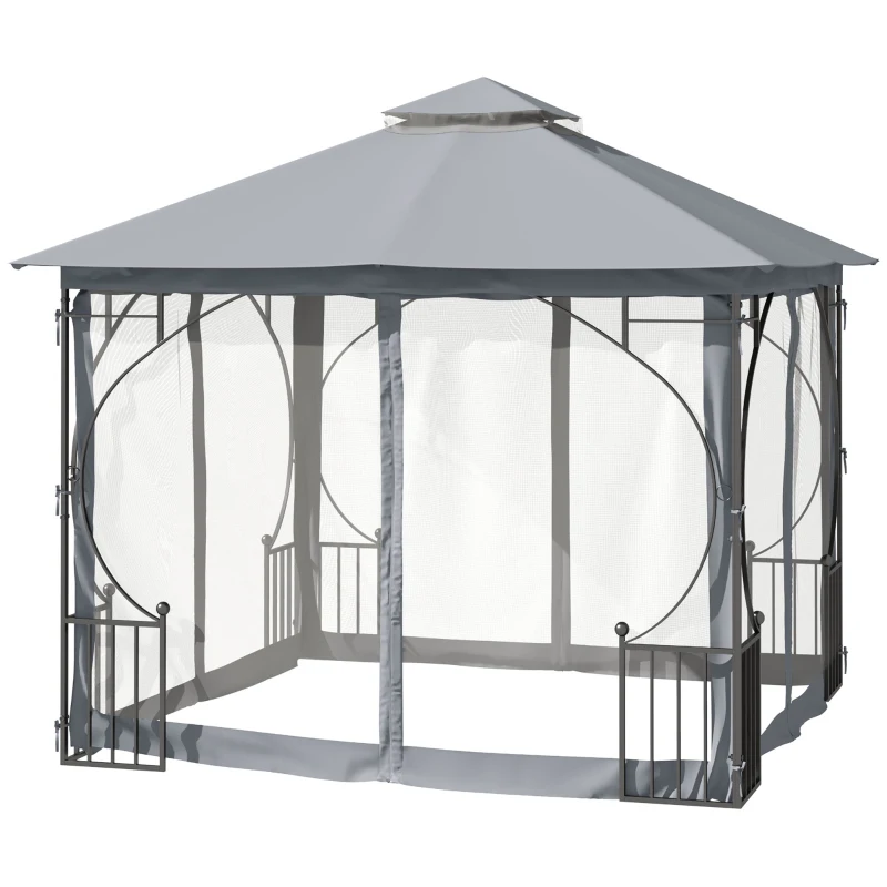 Outsunny 3 x 3(m) Garden Gazebo Patio Party Tent Shelter Outdoor Canopy Double Tier Sun Shade Metal Frame Netting, Light Grey