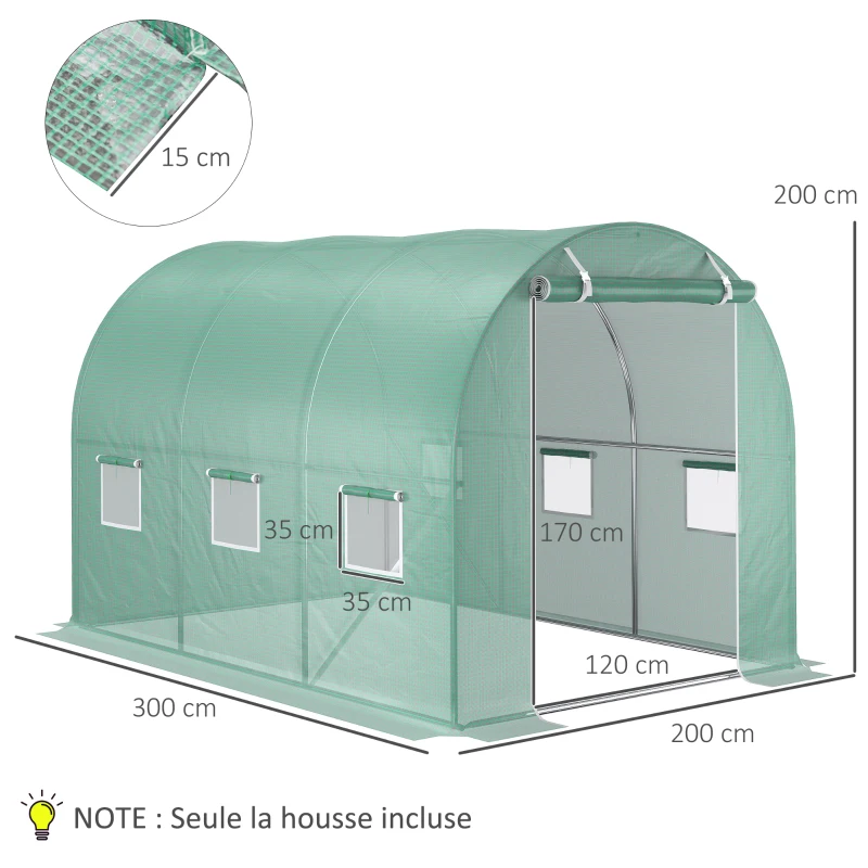 Outsunny Bâche de Rechange Serre Tunnel 6 m², bâche 3 x 2 x 2 m PE Anti-UV imperméable 6 fenêtres + Porte Enroulable zippée Vert