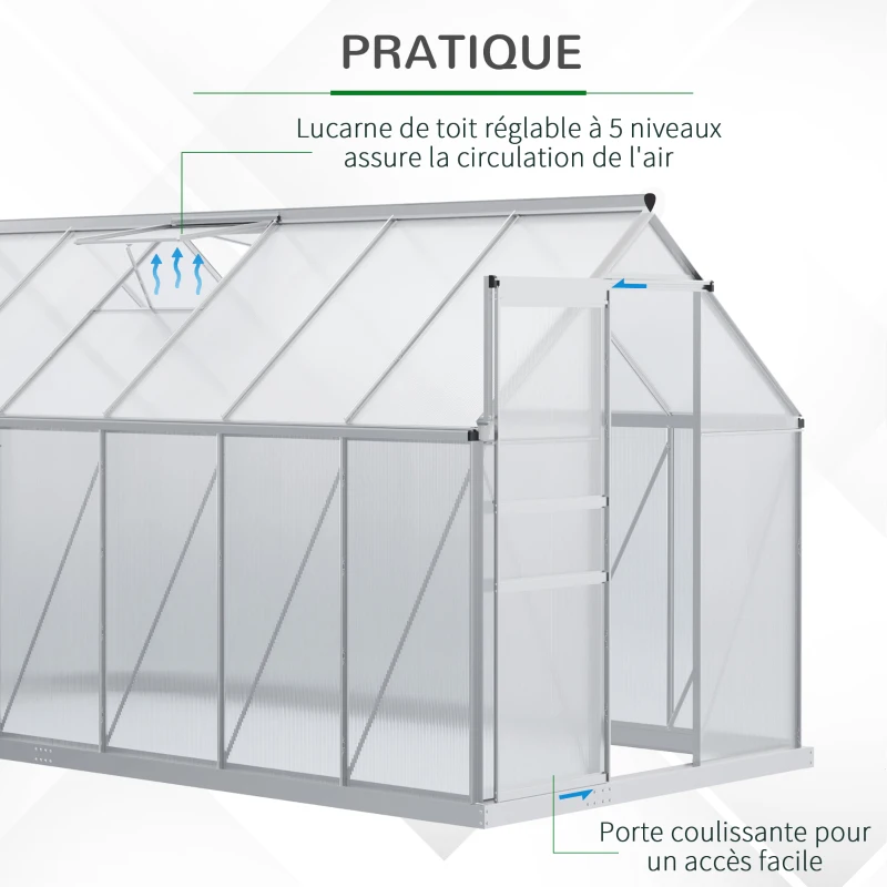 Outsunny Serre de Jardin en Polycarbonate 7,1 m² dim. 1,9L x 3,75l x 1,99 m avec Fondation, Lucarne réglable, Porte coulissante - Argent et Transparent
