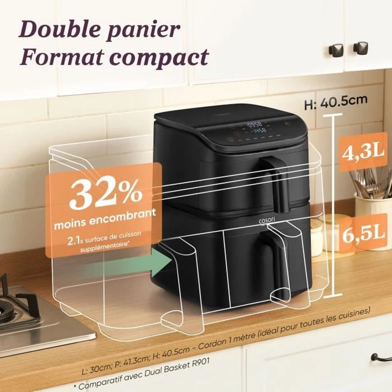 Friteuse sans huile COSORI - Turbo Tower Chef Edition - Capacité 10,8L - 2 cuves - 6 programmes - 2630W - Noir