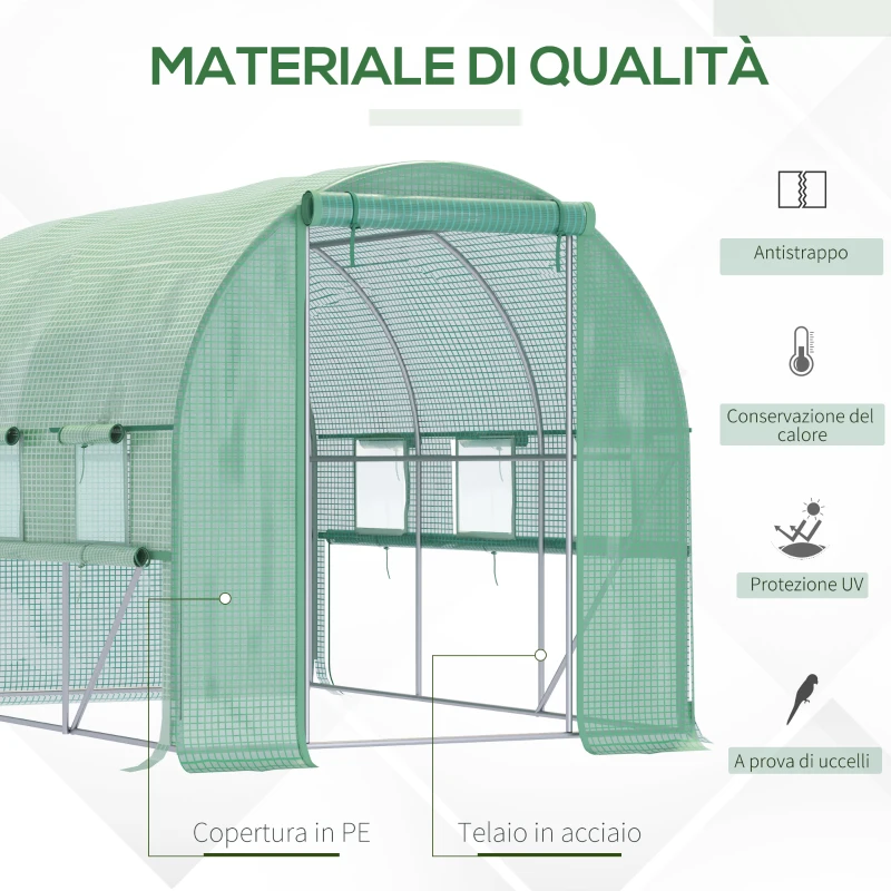Outsunny Serra per Orto 3x2x2m in Acciaio e Copertura PE, Porte con Zip e Finestre a Rete, Verde