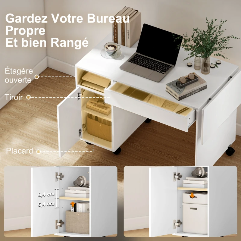 HOMCOM Bureau d'ordinateur sur roulettes, table informatique avec abattant, tiroir, placard et compartiment, 130 x 58 cm, blanc