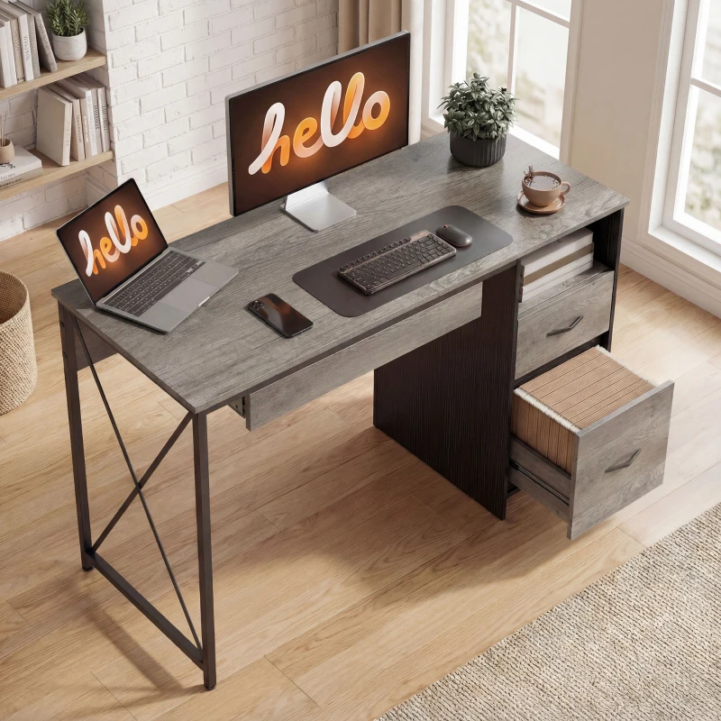 HOMCOM Scrivania gaming con vassoio tastiera, 2 cassetti e scomparto, 120x50 cm, Grigio