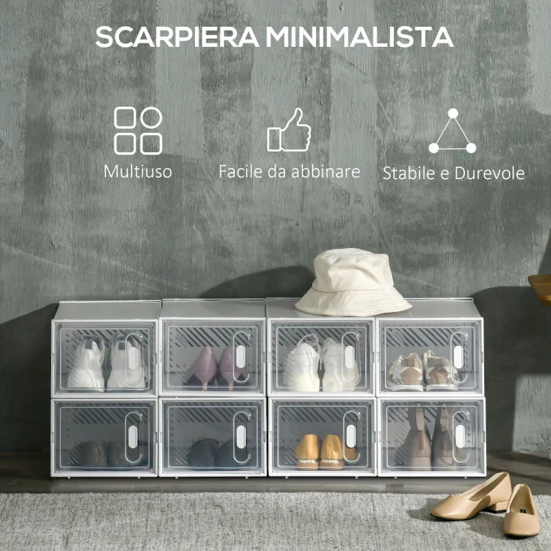 HOMCOM Scarpiera Modulare in PP con 8 Cubi Contenitori e Porta Magnetica, 25x35x19 cm, Bianco e Trasparente