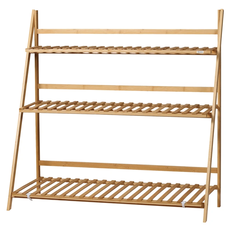 Outsunny 3-Tier Plant Stand, Plant Shelf Rack, Folding Bamboo Display Stand, 98x37x96.5cm, Natural