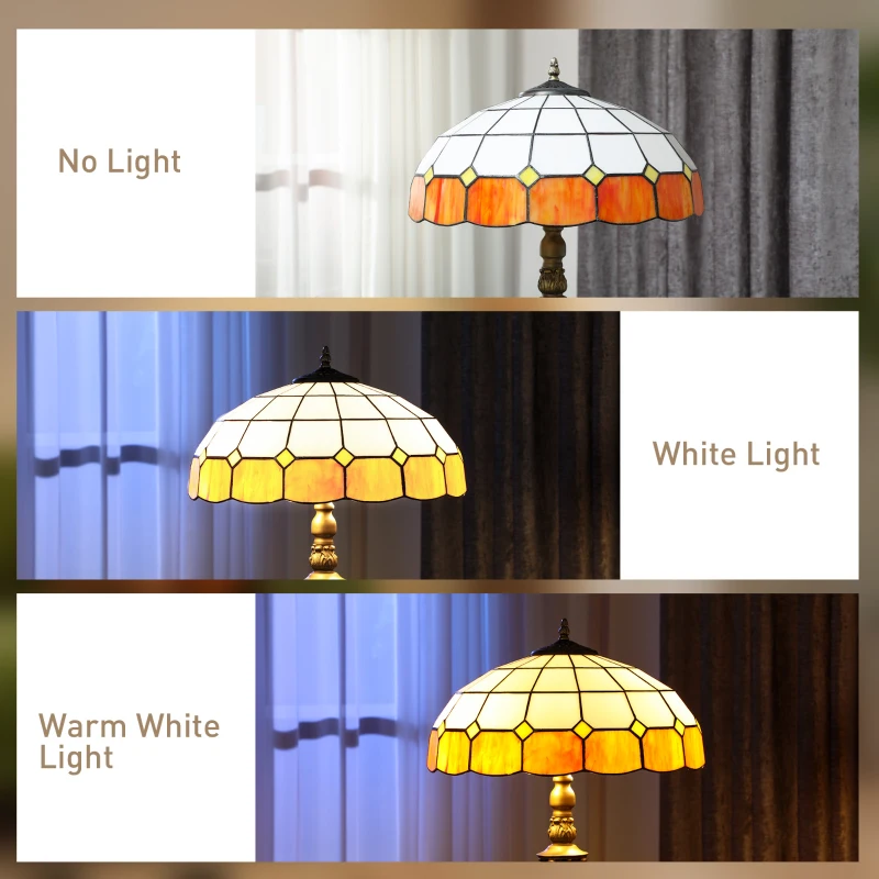 HOMCOM Tiffany-Style Floor Lamp with Handcrafted Stained Glass Shade, 152cm Tall Vintage Standing Lamp with Foot Switch and Dual Sockets for Living Room Bedroom, Bronze Tone and Orange