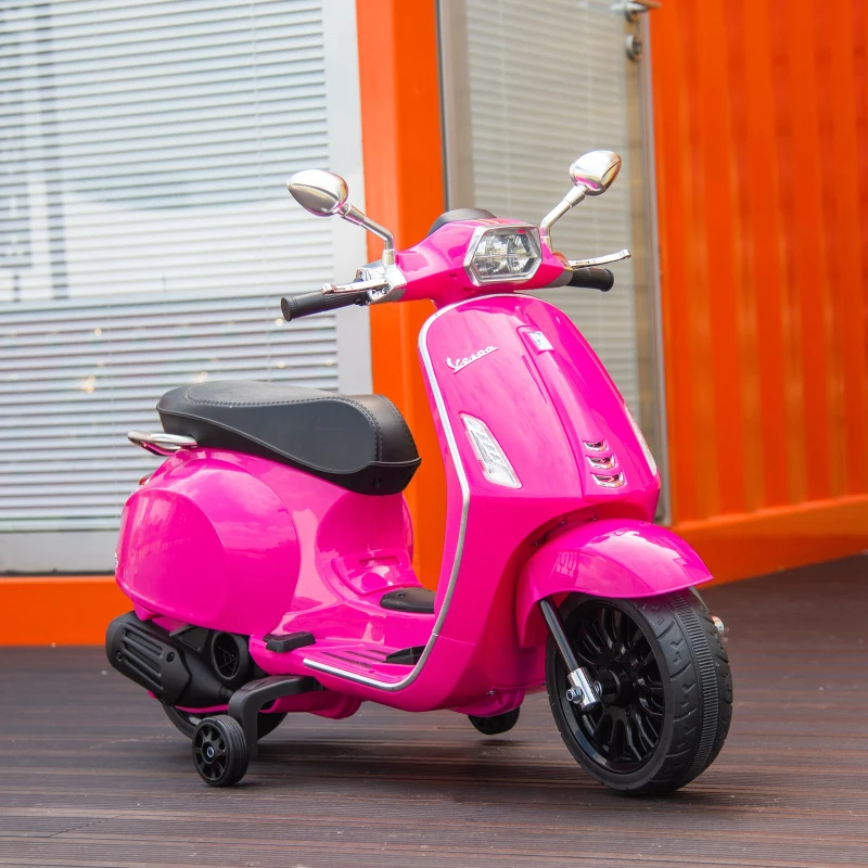 AIYAPLAY Scooter électrique enfant Vespa 6 V dim. 107L x 47l x 73H cm Musique MP3 Port USB Phare 2 roues d'entraînement - Rose