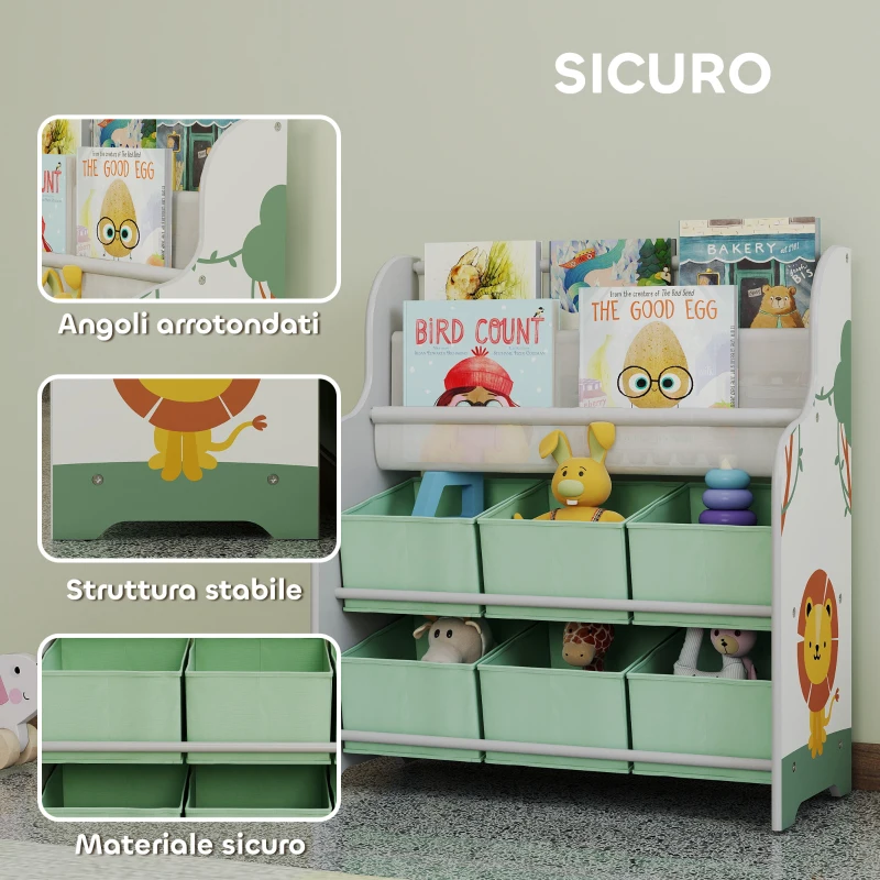 AIYAPLAY Scaffale Portagiochi con 6 Cassetti in Tessuto e Libreria a 2 Livelli, in Legno e Acciaio, 63x30x71 cm, Verde