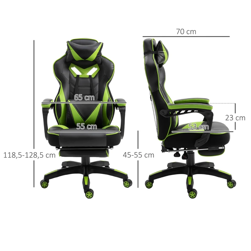 Vinsetto Chaise gaming Ergonomique, Fauteuil de Bureau confortable avec Repose-Pied, Appuie-Tête et coussin lombaire, Hauteur Réglable, noir et vert